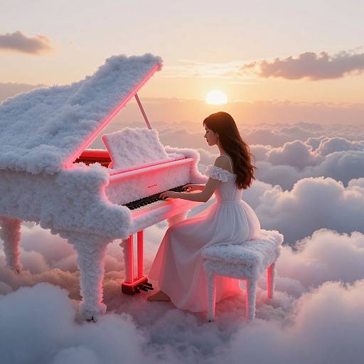 Digital artwork: A brunette woman in a white, off-shoulder dress plays a glowing red, cloud-covered grand piano amidst fluffy clouds at sunset.
