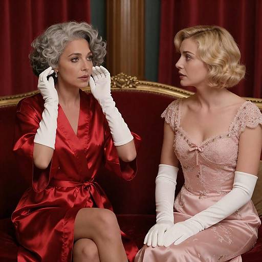 Elegant Women on Red Velvet Couch