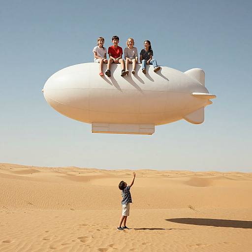 Photograph of six people sitting on a white airship above a desert, with a child standing and pointing upwards. Clear blue sky.