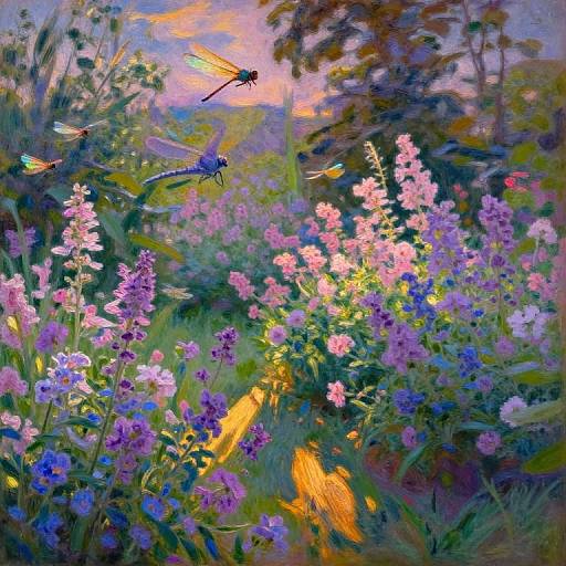 Vibrant digital painting of a colorful meadow at sunset, featuring pink and purple flowers, orange grasses, and two dragonflies in flight.