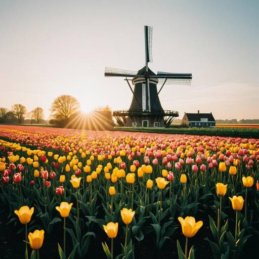 Historic Windmill and Tulip Fields at Sunrise Historic Windmill and Tulip Fields at Sunrise
