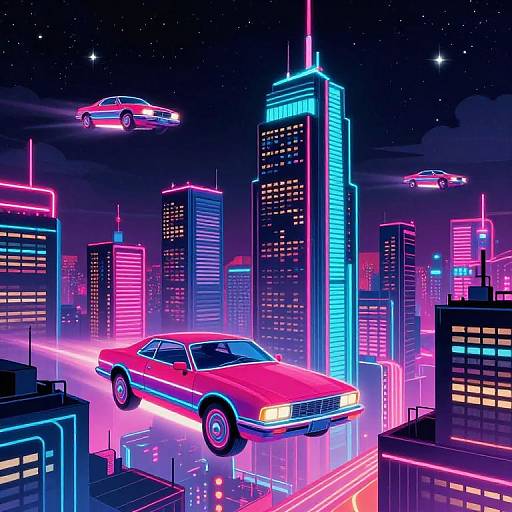 Neon-lit, retro-futuristic cityscape with flying red muscle car and two hovering cars, surrounded by glowing skyscrapers under a star