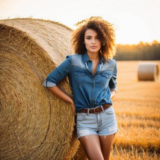 Woman in Denim Shirt Leaning on Hay Bale