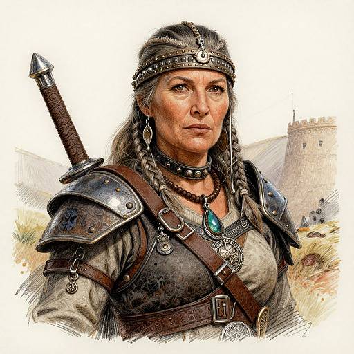 Digital painting of a stern, middle-aged woman in medieval armor with braided hair, headband, and turquoise pendant, sword on back, castle in