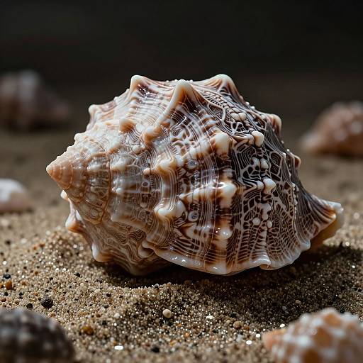 Close-up photograph of a detailed, textured brown and white conical sea shell with ridges and small white spots, resting on sandy beach with blurred background