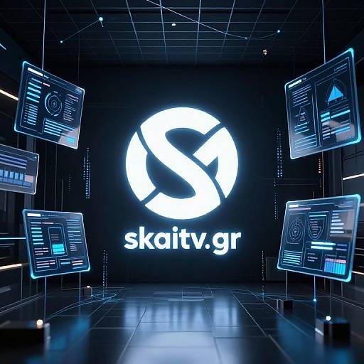 Digital CGI image of a futuristic, dark room with floating neon blue screens displaying tech data, centered on a bright white 