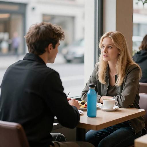 Couple Conversing at Bright Café Table