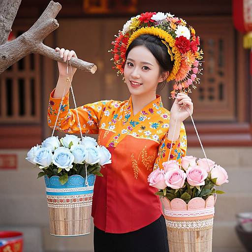 Photograph of an Asian woman in traditional orange and red floral blouse, black skirt, and colorful flower crown, holding three flower baskets, standing outdoors near