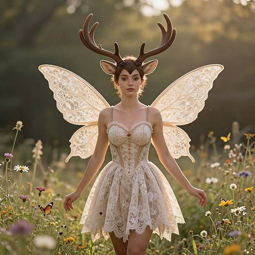 Photograph of a fair-skinned woman with deer antlers, lace fairy wings, and a white lace dress, standing in a sunlit meadow
