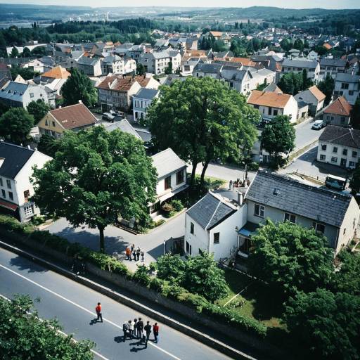 Aerial View of Small Town with Boys on Road