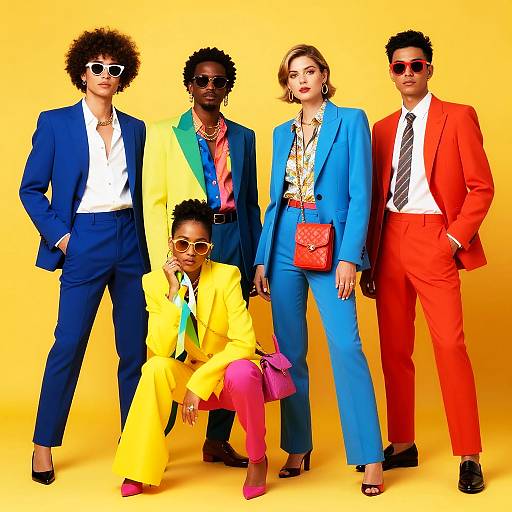 Photograph of five diverse, stylish individuals in vibrant suits—blue, yellow, red, green, and blue—against a solid yellow background, all