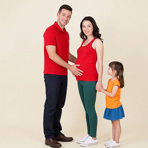 Photograph of a smiling Caucasian family: tall, muscular man in red polo and black pants, pregnant woman in red tank top and green pants, holding