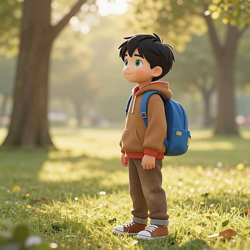 Boy in Sunny Park with Backpack