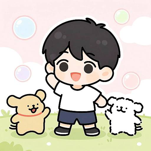 Chibi-style digital drawing of a happy boy with black hair, white shirt, blue shorts, holding hands with two teddy bears, one beige and