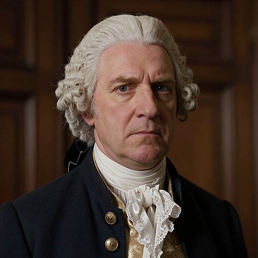 Photograph of a stern-faced older man with white, curly hair, wearing 18th-century attire, including a black coat, white ruffled shirt