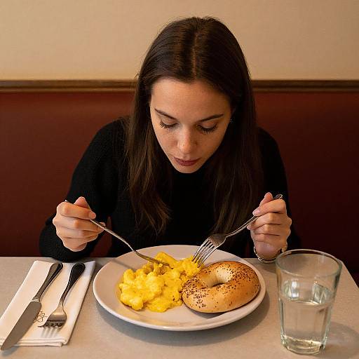 Photograph of a young woman with long dark hair eating a bagel with scrambled eggs and a fork, in a dimly-lit restaurant.