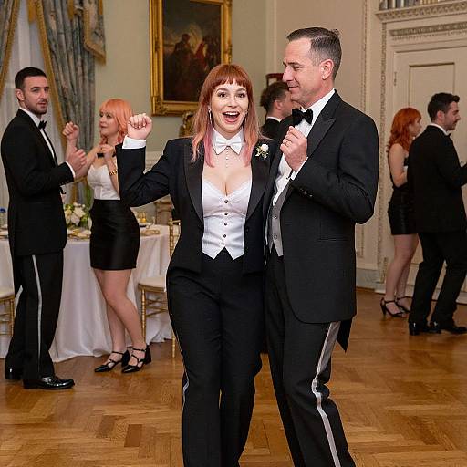 Photograph of a laughing couple in formal black and white attire, dancing at an elegant indoor event with other guests in the background.