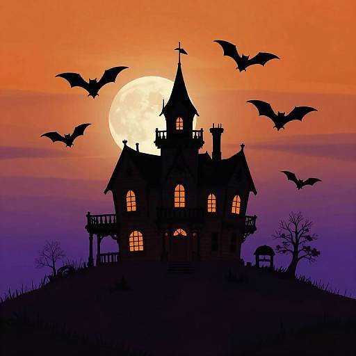 Silhouette of a haunted house with bats flying, set against a vibrant orange and purple sunset, and a full moon. Digital illustration.