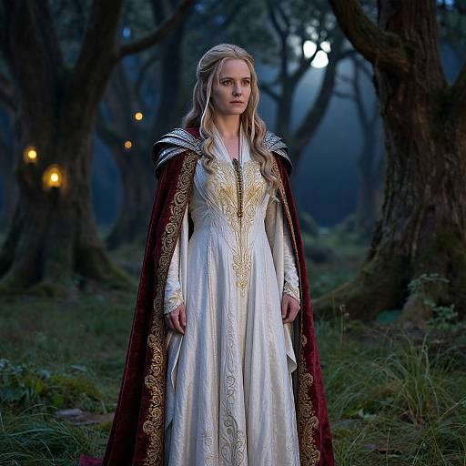 Photograph of a blonde woman in a white, gold-embroidered dress with a red, ornate cape, standing in a misty forest