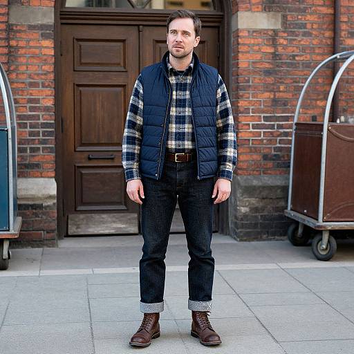 Photograph of a Caucasian man with short brown hair, wearing a black puffer vest, plaid shirt, dark jeans, and brown boots, standing