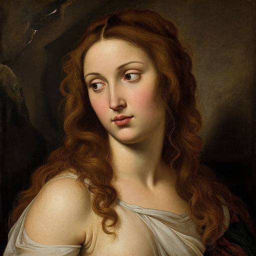 Digital painting of a fair-skinned, red-haired woman with delicate features, soft pink blush, and wavy hair, wearing a sheer white garment,