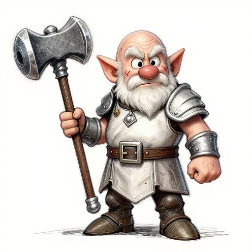 Cartoon-style drawing of a bald, bearded, red-nosed, white-skinned goblin with large ears, wearing silver armor, brown belt