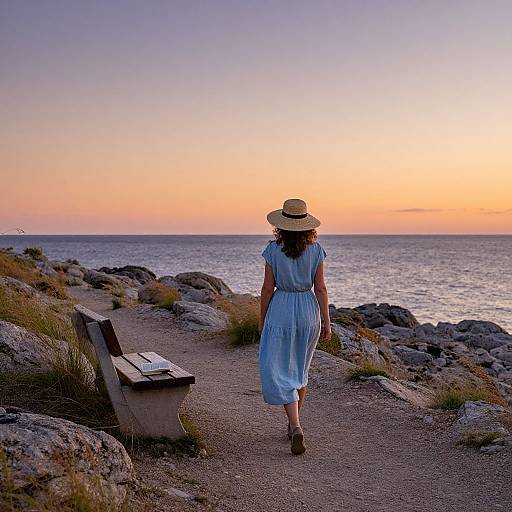Photograph of a woman in a light blue dress and straw hat, walking along a rocky coastal path at sunset, with a serene ocean and orange-p