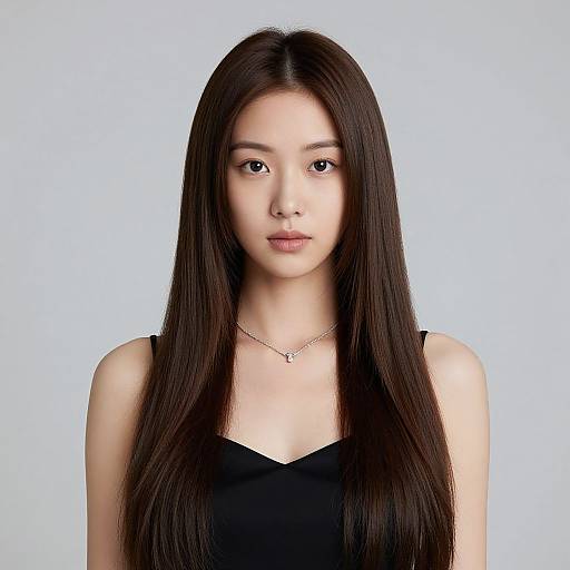 Photograph of an East Asian woman with long, straight black hair, wearing a black sleeveless top and a delicate silver necklace, against a plain white