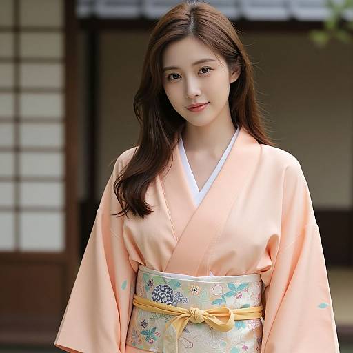 Photograph of a young Asian woman with long, dark brown hair, wearing a peach kimono with a floral-patterned obi and yellow sash