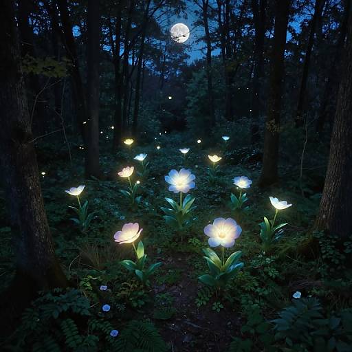 Photograph of a dark forest at night with glowing, luminescent flowers and butterflies illuminating the dense, shadowy trees. A full moon shines