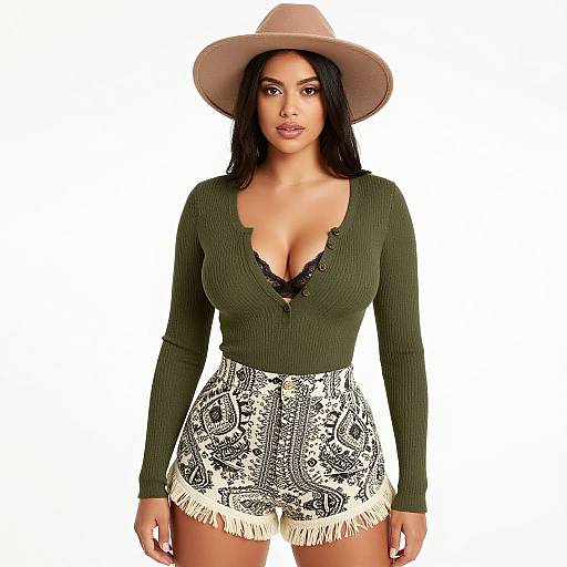 Photograph of a curvy woman with long black hair, wearing a tan hat, green ribbed top with deep V-neck, black lace trim,