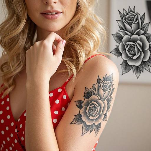 Blonde Woman with Rose Tattoo on Arm