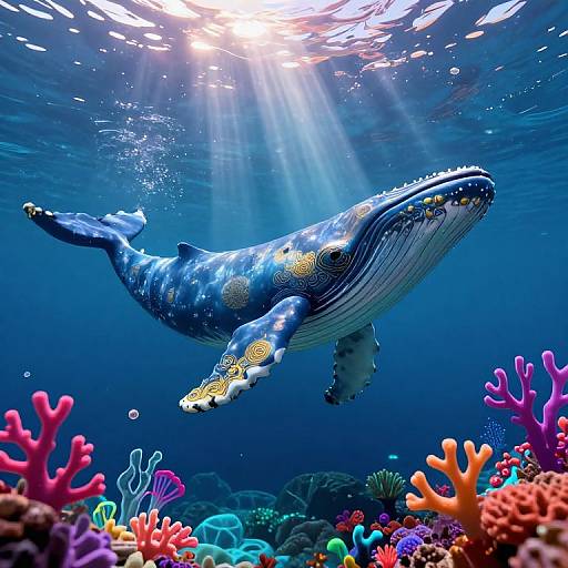 Photograph of a massive blue whale with intricate yellow patterns, swimming above vibrant coral reefs in a sunlit, clear underwater scene.