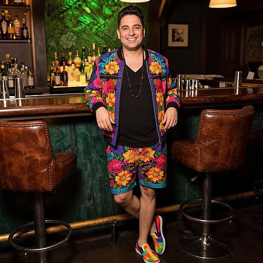 Smiling Man in Vibrant Floral Outfit