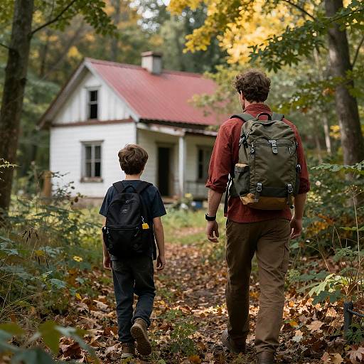Man and Boy Walking to Abandoned House in Forest