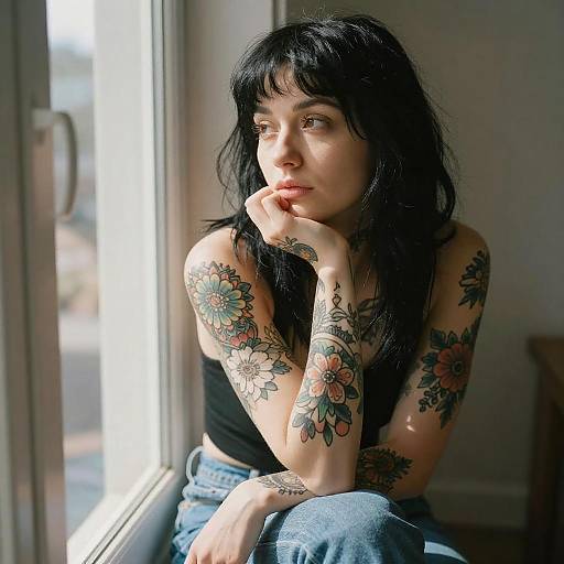 Tattooed Woman in Sunlit Window