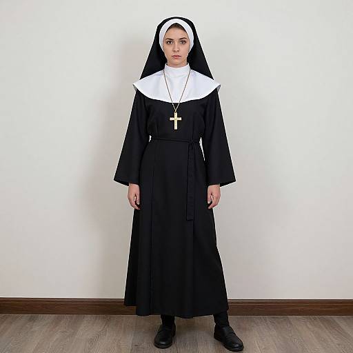 Photograph of a serious-faced woman in a traditional black and white nun's habit, standing against a plain white wall, wearing black shoes and a gold