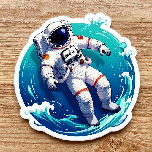 Digital artwork of a white astronaut with a black helmet floating in a vibrant blue water splash on a wooden surface.
