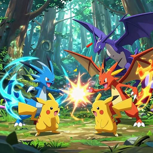 Digital anime-style forest battle: Pikachu, Raichu, Charizard, and Dragonite clash with electric and fire attacks, surrounded by tall trees and