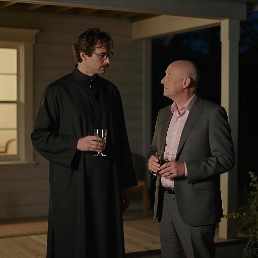 Two Men Conversing on Porch at Night