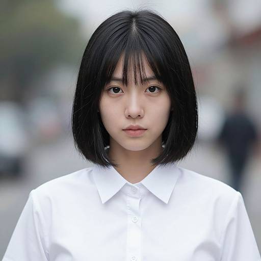 Photograph of an East Asian woman with straight black bob haircut, wearing a white collared shirt, standing in a blurred urban background.