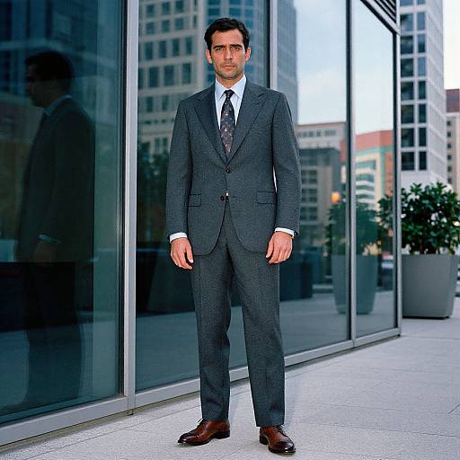 Photograph of a serious, dark-haired man in a dark gray, three-piece suit with white shirt and patterned tie, standing in front of glass