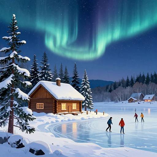 Nighttime winter scene: Aurora borealis over snow-covered lake, wooden cabin with lit windows, people ice skating, snow-covered pine trees, stars in