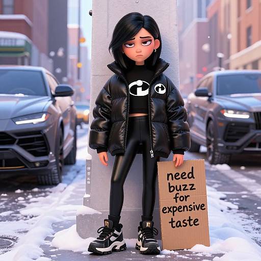 Digital art of a black-haired doll in a black puffer jacket and leggings, holding a 