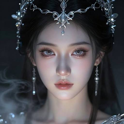 Digital portrait of a fair-skinned, ethereal woman with glowing blue eyes, dark hair, and a delicate silver headpiece, set against a dark