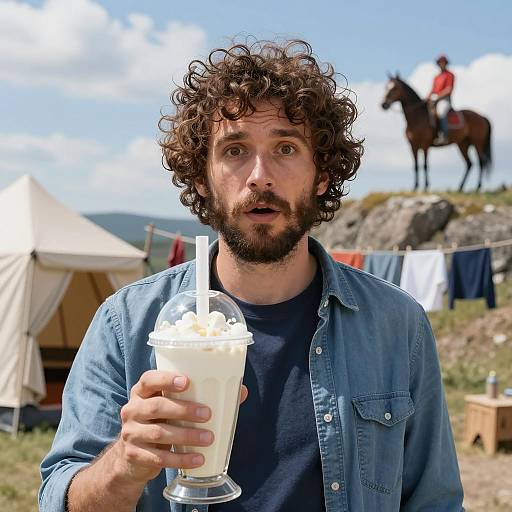 Surprised Man Holding Milkshake Outdoors