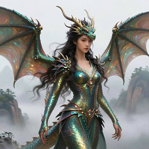 Digital artwork of a fierce, green-scaled dragon queen with iridescent wings, golden horns, and long black hair, standing in a misty