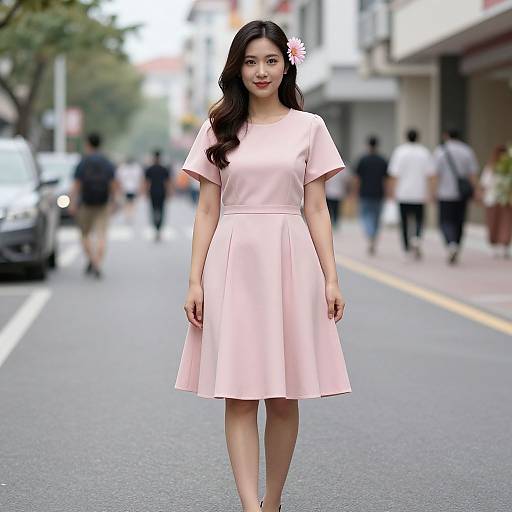 Photograph of an Asian woman with long black hair, wearing a pale pink short-sleeved dress, standing on a bustling urban street. Blurred