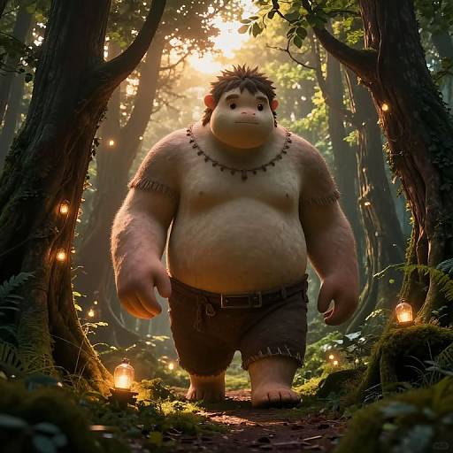 CGI image of a large, furry, muscular, anthropomorphic bear with dark hair, wearing shorts and a necklace, walking through a sunlit forest