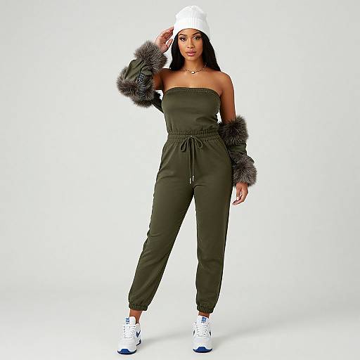 Woman in Olive Green Strapless Jumpsuit and White Beanie